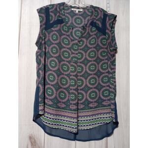 Daniel Rainn Blouse Womens Large Blue Pink‎ Chiffon Sheer Boho Geometric Top